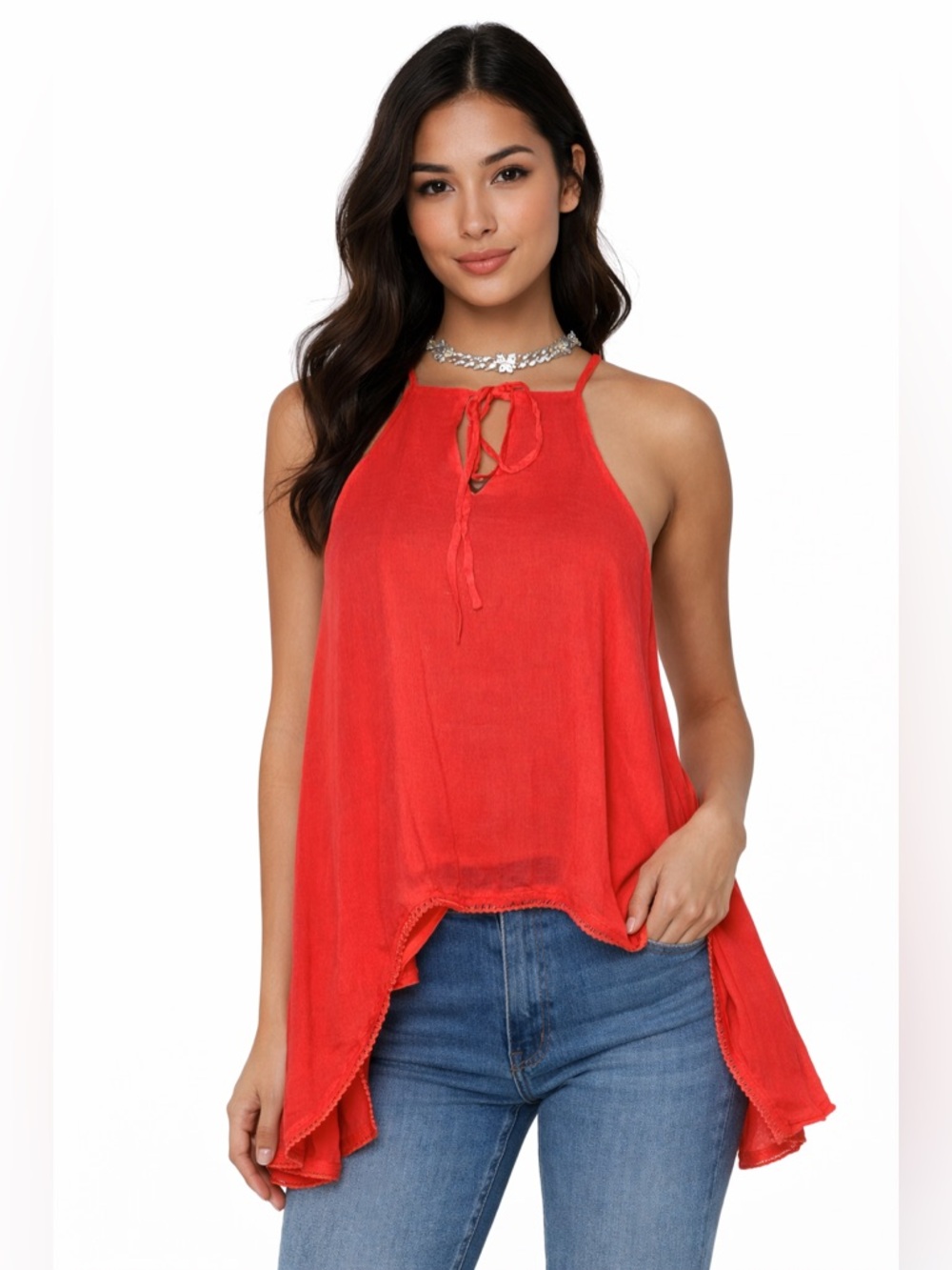 Red Sleeveless Halter Tie-Front Flowing Top